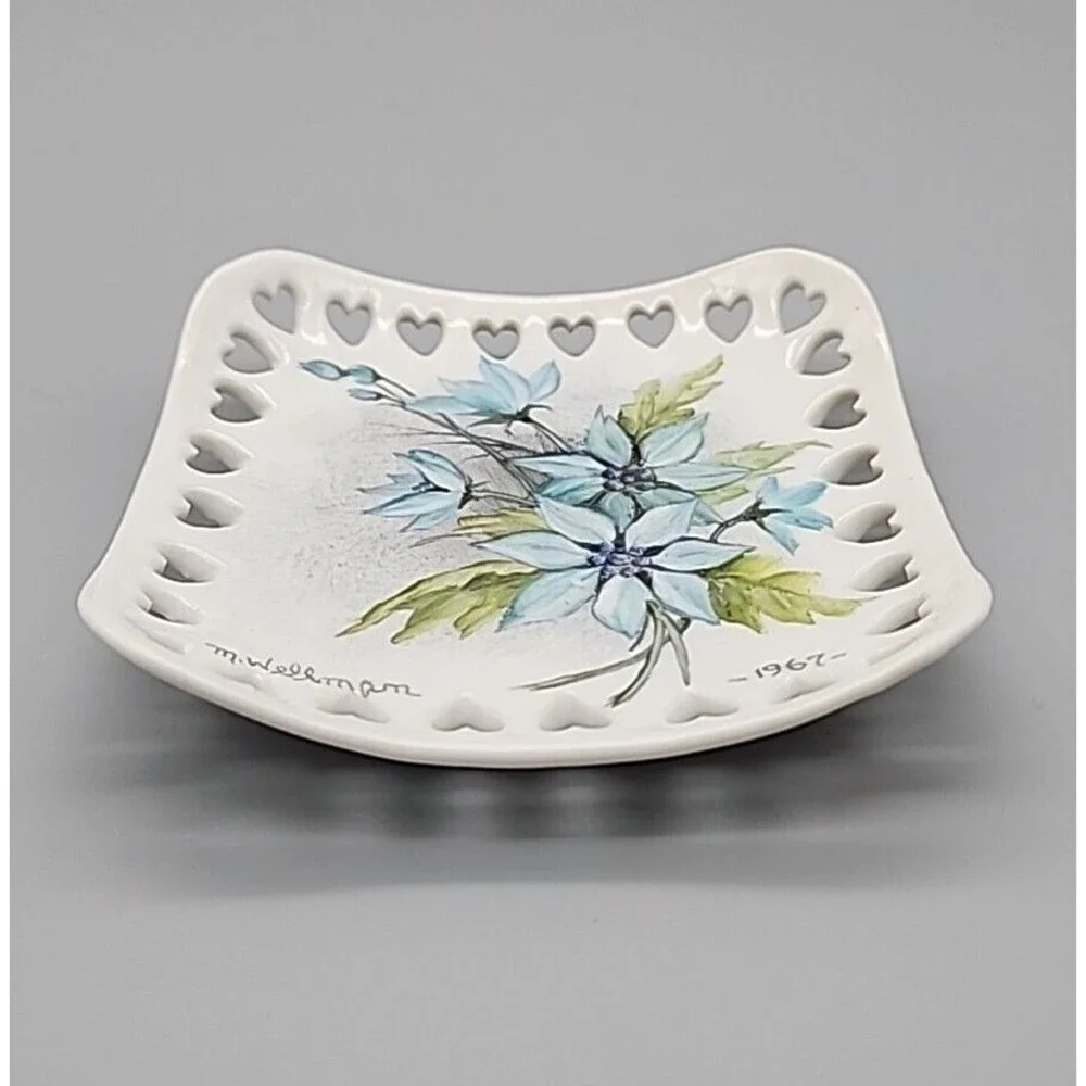 VTG Hand Painted Blue Floral Porcelain Square Dish Heart Cutouts 1967 Original